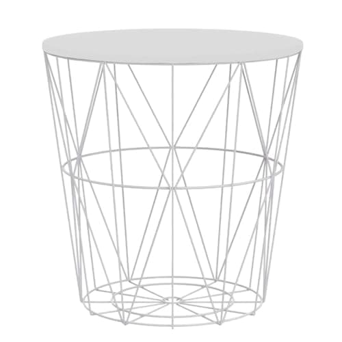 Image of Round Side Table Wire Metal Storage Basket Modern Tea Nest Table with Removable Wood Top for Hallway, Living Room, Bedroom, or Office Decor Sidetable (White with White Lid, Medium)