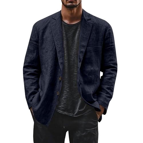 Image of Linen Blazer Men Leisure Suit Jacket Two Button Lightweight Sports Coats Loose Fit Business Office Blazer Solid Color Versatile Suit Jacket Notch Lapels Suits Jackets With Pocket