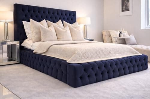 Image of Bespoke Chesterfield Plush Velvet Regal Ambassadar Bed Frame and Headboard - UK Made - Double/King/Super King (Navy Blue Plush, Super king 6ft with mattress)
