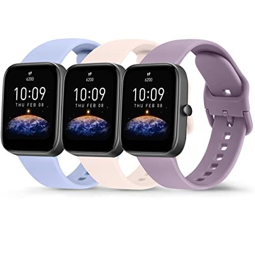 Image of AK Pack 3 Straps for Amazfit Bip 3 Pro/Bip 3/Bip U Pro/Bip/Bip Lite/Bip S/Bip S lite/Bip U Women Men,20mm Soft Silicone Sport Replacement (Nude Pink/Nude Blue/Violet)