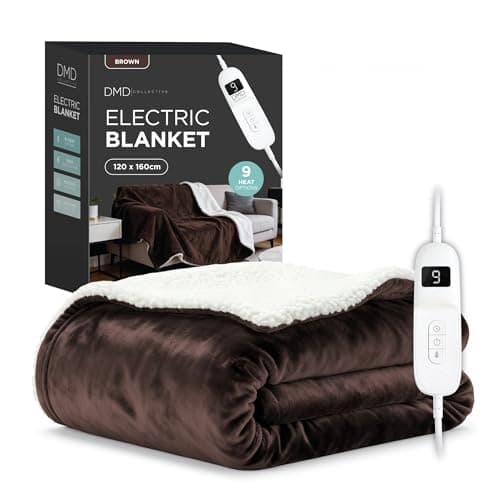 Image of DMD Collective Electric Blanket Heated Throw 120 x 160cm with 9 Heat Settings & Timer, LED Display Controller, Auto Shut-Off, Machine Washable Soft Fleece for Sofa, Bed & Office, Dark Brown
