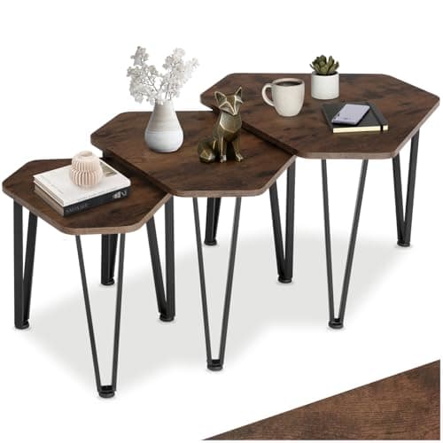 Image of tectake® Set of 3 Nesting Tables in Industrial Style, Space-Saving Coffee Table Set with Hexagonal Wood-Look Tabletops & Steel Frames, Side Table Set for Living Room, Bedroom, Home Office - Dark Wood