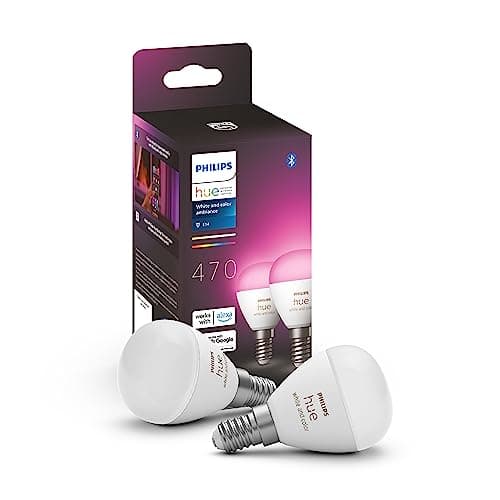Image of Philips Hue White and Colour Ambiance Luster Smart LED Light Bulb 2 Pack [E14 Edison Screw] for Indoor Home Lighting, Livingroom, Bedroom.
