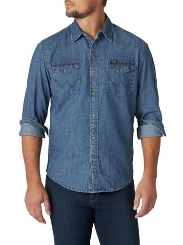 Image of Wrangler Men's Iconic Regular Fit Snap Shirt Button, Mid Tint Denim, XXL