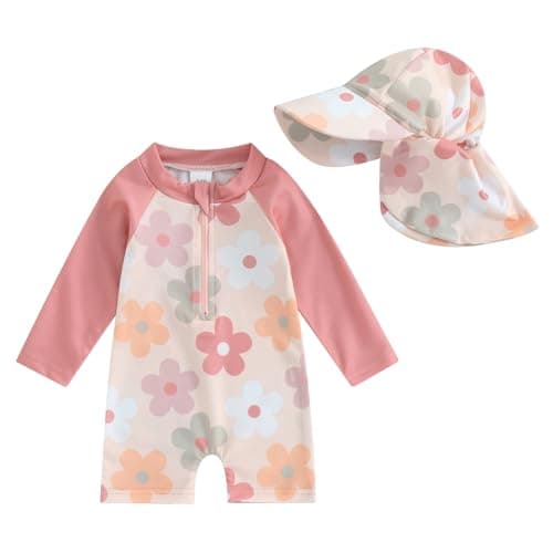 Image of Geagodelia Baby Boy Girl Summer Swimsuit Half Zipper Cute Swimwear Toddler Infant Rash Guard One Piece Bathing Suit with Sun Hat (Pink, 0-3 Months)