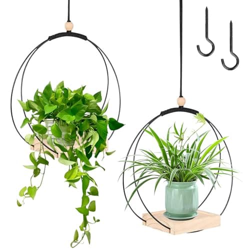Image of TW1TGOFT 2Pack Hanging Plant Holder - Hanging Flower Holder Plants Holder Plant Hanger Metal Ring with Wooden Base & Hooks Indoor/Outdoor for Window Wall Celling Boho Decor (Black Wooden)