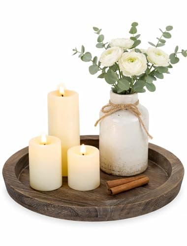 Image of Hanobe Wooden Candle Holder Tray: Round Decorative Candle Plate Farmhouse Table Centerpiece Rustic Wood Tealight Pillar Trays for Christmas Wedding Halloween Home Decor