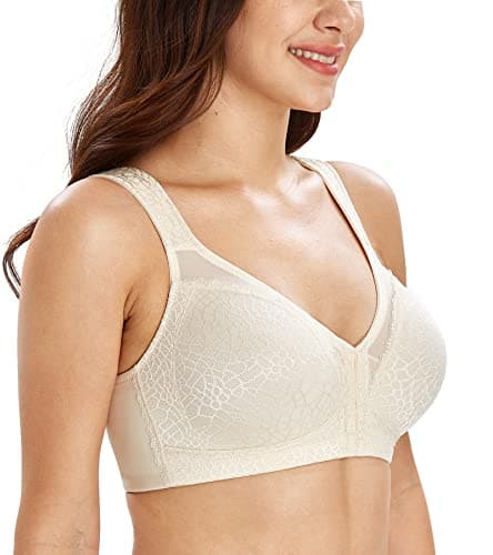 Image of Lemorosy Women's Wirefree Jacquard Back Support Bra Full Figure Front Closure Posture Underwear(Beige,38E)