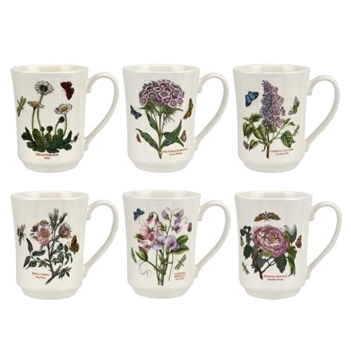 Image of Portmeirion x Botanic Garden Set of 6 Coffee Mugs - Flared Tankards Mugs with Assorted Floral Motifs, Microwave & Dishwasher Safe, Suitable for Enjoying Hot Drinks Every Day