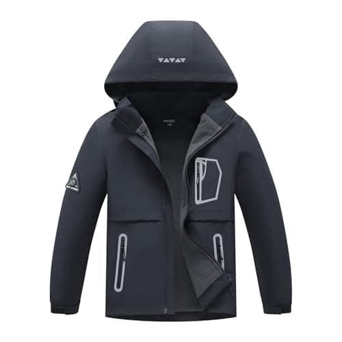 Image of BuyiRen Boys Girls Windbreakers Jacket Rain Jackets Hooded Raincoat Fleece Lined Rain Coats for Kids, Black, 7-8 Years