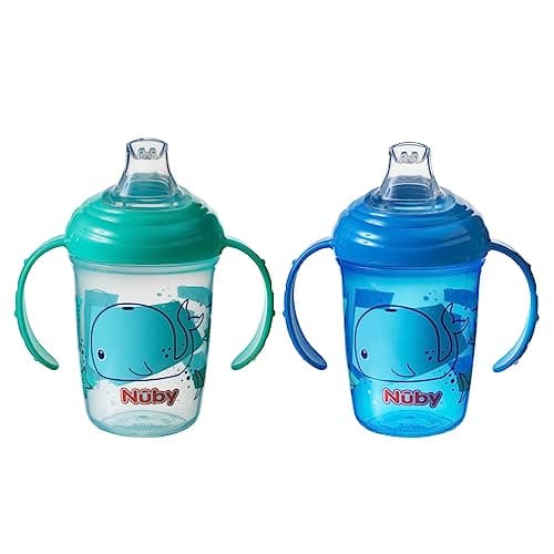Image of Nuby Grip N Sip Water Bottle - No Spill Sippy Cup | 240ml / 8oz | Twin Handle | Dishwasher and Microwave Safe | Suitable Beaker for 4 Months Plus, Whales, 240 ml (Pack of 2)