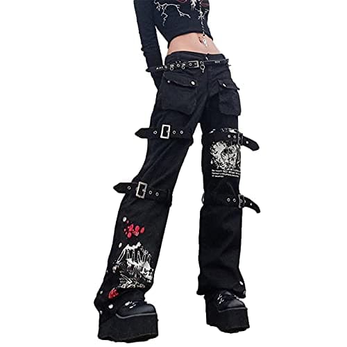 Image of Madger Women Y2K High Waisted Jeans Loose Wide Leg Denim Trousers Graphic Print Baggy Cargo Pants Gothic Dark Punk Streetwear (Black, L)