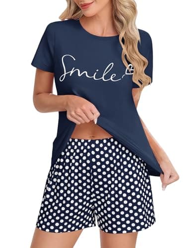 Image of Niwicee Women's Pyjamas Set Summer Pyjamas Short Sleeve Printed Round-Neck Top and Polka Dot Shorts with Pockets Soft Breathable 2 Piece Pjs Loungewear Nightwear Sleepwear (Navy,L)