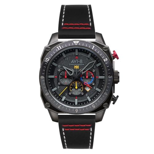 Image of AVI-8 Hawker Hunter Men's Japanese Quartz 43mm Black Dial Watch with Leather Strap AV-4100-04