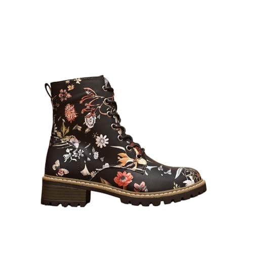 Image of IVACHY Women’s Floral Lace-Up Ankle Boots with Side Zip – Stylish Printed Combat Boots for Casual Everyday Wear- Size 4-7.5