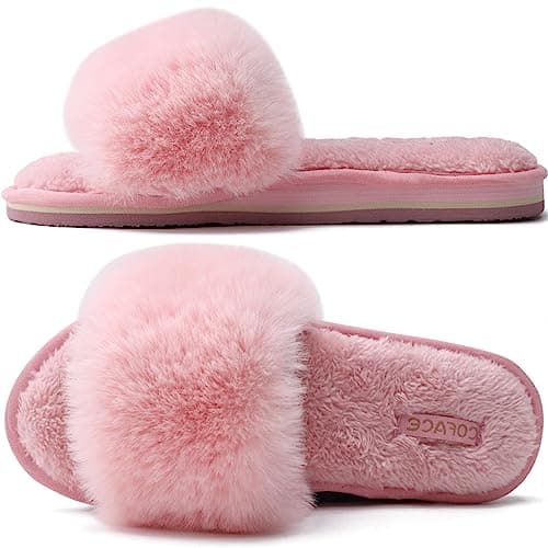 Image of COFACE Womens House Slippers Slip On Ladies Sliders with Arch Support Size 7 Winter Warm Open Toe Faux Fur Slides Indoor Pink