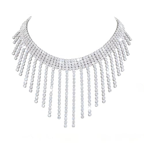 Image of Weenkeey Rhinestone Choker Necklace Sparkly Crystal Necklace Chain Tassel Bib Choker Rhinestone Statement Necklace for Women Girls - Silver