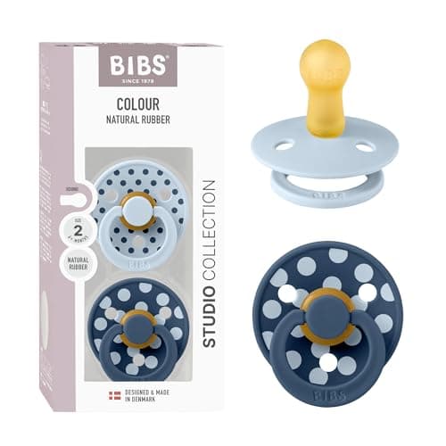 Image of BIBS Polka Dots Soother 2-Pack, BPA Free Dummy Pacifier, Round Nipple. Natural Rubber Latex, Made in Denmark, Size 2 (6-18 Months), Baby Blue/Steel Blue