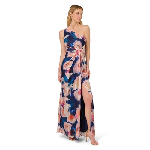 Image of Adrianna Papell Women's One Shoulder Chiffon Gown Special Occasion Dress, Navy/Blush, 14