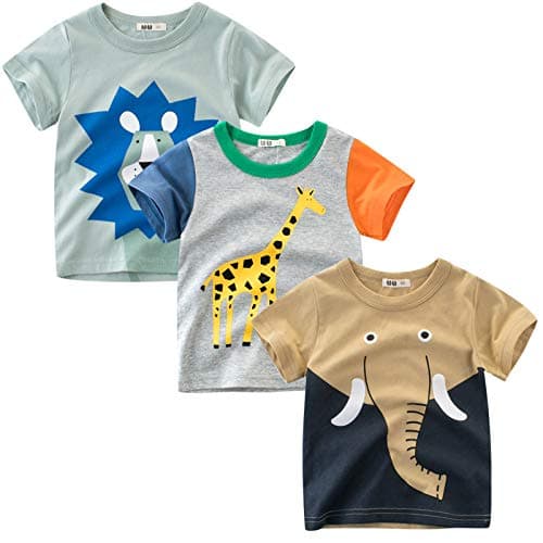 Image of LAUSONS Pack of 3 Kids Short Sleeve Cotton Casual T-Shirts Toddler Tops Cartoon Animals 6-7 Years/130