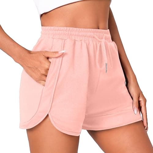 Image of Litherday Women's Running Shorts Gym Sweat Jogging Sports Casual Lounge Athletic Workout Ladies Cotton Shorts High Waisted with Pockets Pink