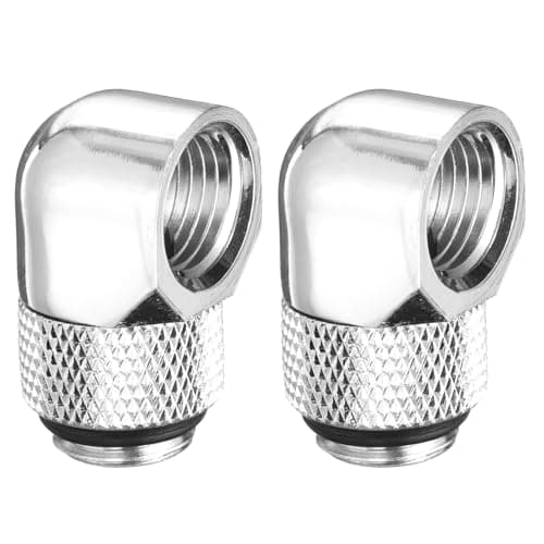 Image of sourcing map 2pcs 90 Degree Elbow Water Cooling Adapter G1/4" Thread Male to Female Compression Connector Fitting Copper Extender Fitting for Computer PC Water Cooling System, Silver