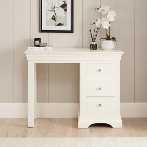 Image of Wilmslow White Painted Single Pedestal Dressing Table, 3 Drawers with Dovetail Joints, Elegant French Design, Brushed Steel Handles, Bedroom Storage - H 810mm x W 1065mm x D 445mm