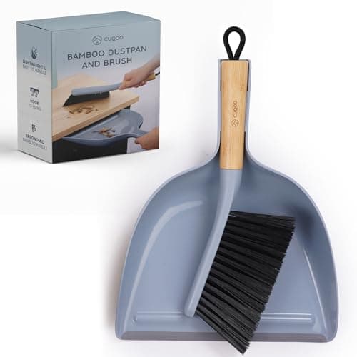 Image of CUQOO Dustpan and Brush Set – Compact Bamboo Hand Brush with Soft Scratch-Free Bristles – Multipurpose Space-Saving Dust Pan for Home, Worktops & Hard Floors