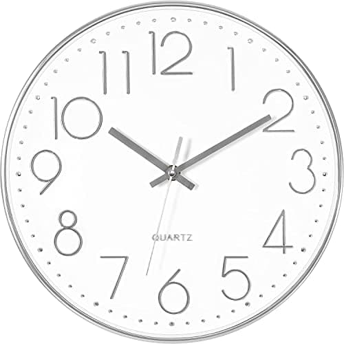 Image of Foxtop Modern Wall Clock Silver 12 Inch - Silent Non Ticking Analogue Clock with Easy Read Numbers, Battery Powered Quartz Movement for Home, Office, Classroom, Kitchen