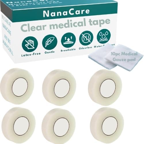 Image of NanaCare Clear Medical Tape Waterproof, 6 Rolls 1.25cm x 9m - Hypoallergenic Surgical Tape For Wound Care, Dressings & Face, First Aid Waterproof Bandage For Sensitive Skin