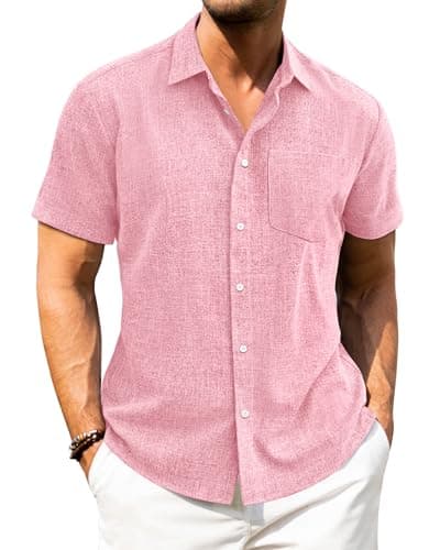 Image of J.VER Linen Shirts Short Sleeve Men Pink Casual Summer Non Iron Beach Holiday Fashion Button Down Shirt 2XL