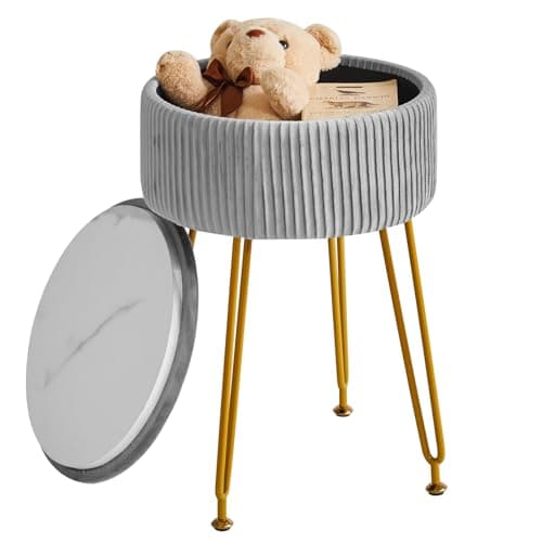Image of IBUYKE Velvet Storage Footrest Stool Ottoman, Makeup Vanity Stool Side Table with Golden Steel Legs Removable Cover, Coffee Table Top Cover, Grey L/G-20G