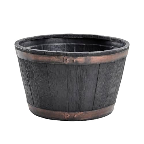Image of Shop4allsorts Small Round Barrel Planter - Oakwood Effect Plastic Half Barrel Plant Pot - Garden Patio Planter - 37cm x 25cm