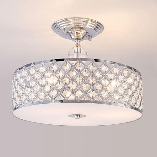 Image of HARPER LIVING Modern Semi Flush Mount Ceiling Light, 3 Lights Crystal Drum Chandeliers, Polished Chrome Ceiling Light for Dining Room Bedrooms Living Room Kitchen Hallway, E27 Bulb Caps