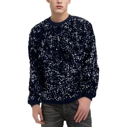 Image of Générique Men's Disco Shiny Streetwear Fashion Party Shirt Long Sleeve Sequins T-Shirt Men Flash Stage for Dance Party Carnival Retro Iconic Style, Blue, M
