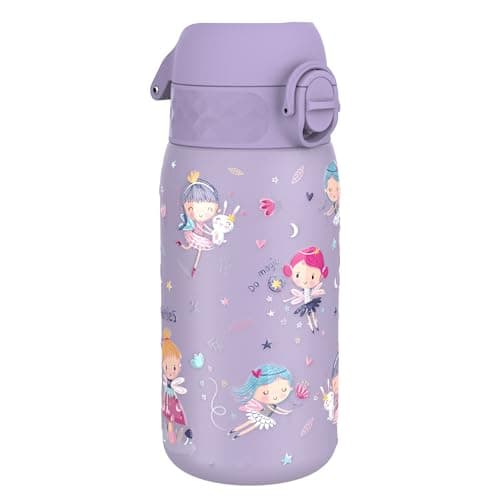 Image of Ion8 Lightweight Steel Kids Water Bottle, 400ml/13oz, Non-Insulated, Leak Proof, Easy to Open, Secure Lock, Dishwasher Safe, Fits Cup Holders, Carry Handle, Metal Water Bottle, Purple, Fairies
