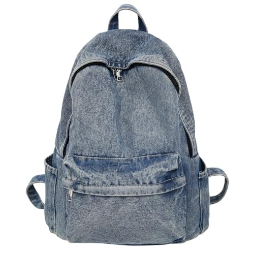 Image of Fiorky Backpack, Denim Backpack for Women Men Multi-pocket Shoulder Bag Zipper Retro Rucksack Solid Daypack Travel Gym Bag for Daypack Casual And Travel