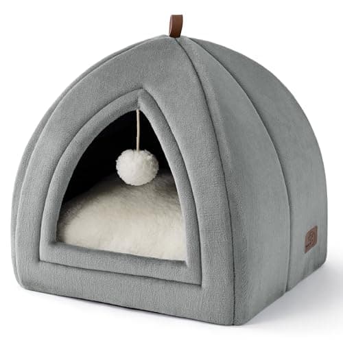 Image of Bedsure Cat Cave Bed Indoor - Flannel Hooded Cat Igloo House, 40x40x40cm Enclosed Foldable Pet Bed with Removable Washable Cushion Pillow, Grey
