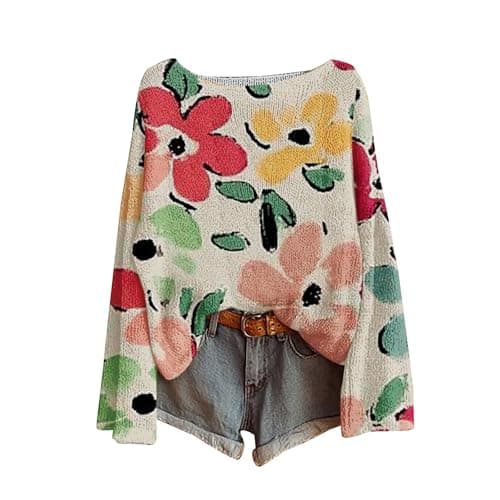 Image of Shffuw Bohemian Floral Art Print Knitted Jumpers for Woman UK, Oversized Crew Neck Long Sleeve Lightweight Sweaters Casual Fashion Daily Jumper Thermal Comfy Sweater for Autumn Winter (A-Green, XXXL)