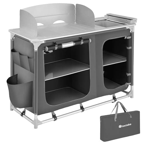 Image of tectake® Portable Camping Kitchen with 4 Internal Shelves, 3 External Pockets, Heat-Resistant Worktop & Zipped Door - Outdoor Storage Cupboard with Lightweight Aluminium Frame, Incl. Carry Bag - Grey