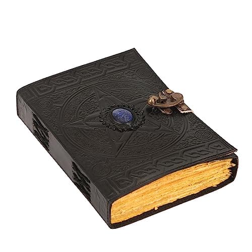 Image of ANANYOM Handmade Leather Journal, Black, Pentagram Lapis Lazuli Stone Design, Genuine Leather Notebook Diary, Sketchbook with Brass Clasp Lock, Embossed Journal for Men & Women, Office Journal Deckle