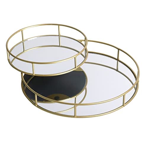 Image of Mirror Tray Gold Decorative Mirrored Glass Tray Metal Perfume Vanity Dresser Jewellery Cosmetics Organiser Candle Tealight Plate Display Drinks, Set Of 2 (Round)