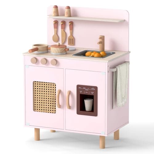Image of COSTWAY Kids Play Kitchen, Wooden Pretend Toy Kitchen Playset with Realistic Ice Maker, Stove, Water Sink & Accessories, Children's Chef Role Play Set for 3+ Years Old Boys Girls (Pink)