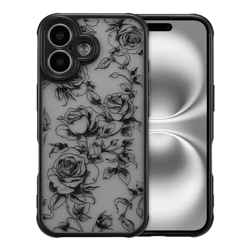 Image of XIZYO Case for iPhone 17, Cute Frosted Translucent Rose Floral Flower Pattern Shockproof Cover, for Girls Women Luxury Aesthetic Soft TPU Protective Phone Case, Branch Rose/Black