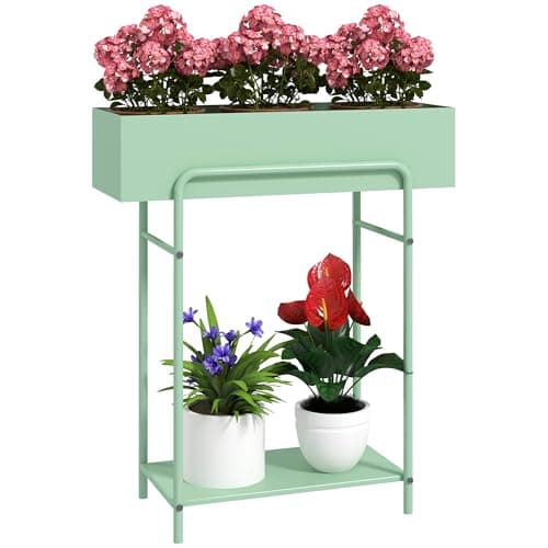 Image of Outsunny 2 Tier Plant Stand, Metal Rack Shelf with Drainage Holes, Floor-standing Flower Pot Stand for Living Room Garden Patio Balcony Indoor Outdoor Use, Green