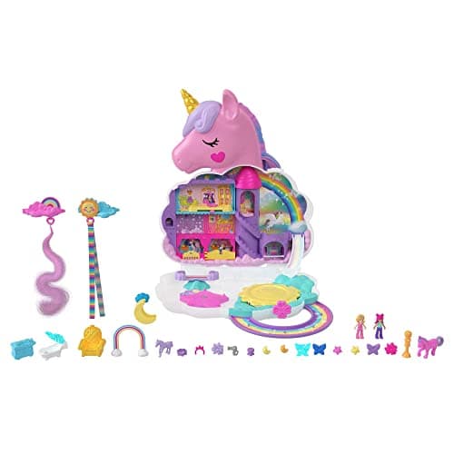Image of Polly Pocket Mini Toys, Rainbow Unicorn Salon Styling Head and Playset with 2 Micro Dolls, 20+ Accessories and Moving Features, HKV51
