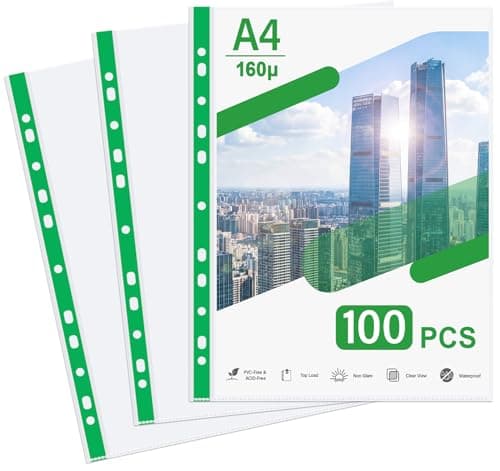 Image of A4 Clear Plastic Punched Pockets 100 Pack, 160 Micron Heavy Duty Plastic Wallets,11 Holes Glass Clear Plastic Sleeves with Green Edging,Poly Pockets for Ring Binders,Paper,Files,and Document Storage