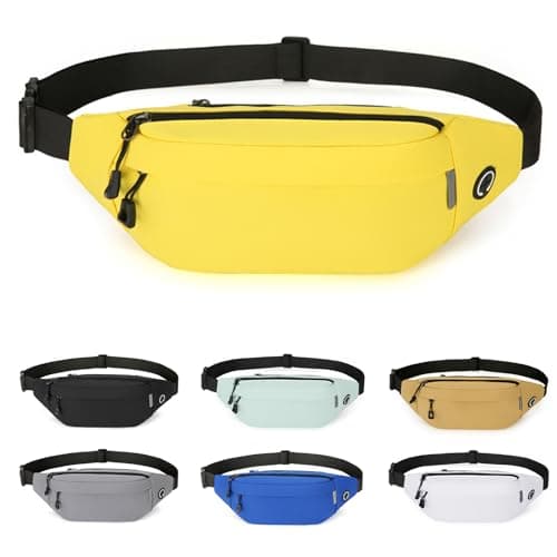 Image of RISIPU Bumbags for Ladies Men,Waterproof 3 Zip Pockets Waist Bag with Headphone Jack and Adjustable Strap,Lightweight Bum Bag for Sport Running Hiking Cycling Travel (Yellow)