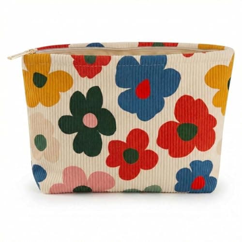 Image of Bold Floral Cosmetic Bag with Corduroy Texture and Vintage Design - Soft Slim Makeup Organiser for Travel, Skincare, Daily Essentials, Stylish Gift for Her, Women(Colorblock Floral)