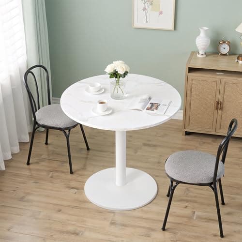 Image of Warmiehomy 80cm Round Dining Table, White Marble Effect Tabletop with White Pedestal Base, Modern Minimalist Kitchen Bistro Table for Small Spaces, Dining Room, Cafe & Bar